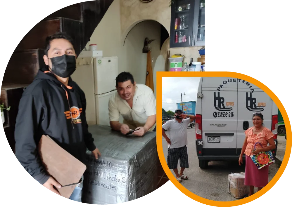 collage de fotos de la empresa el rey de los envios, donde se aprecian repartidores haciendo entrega de paquetes